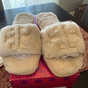 Tory Burch Doublet Shearling Slide in natural/dulce de lechę/ gold, BNIB,